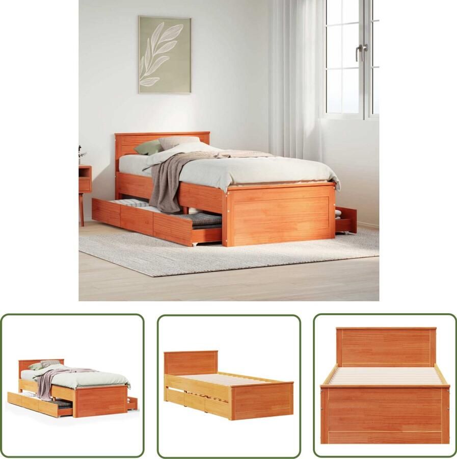 VidaXL Bedframe met hoofdbord zonder matras hout wasbruin 75x190 cm Bedframe Slaapcomfort Massief Grenenhout Wasbruin Hoofdbord