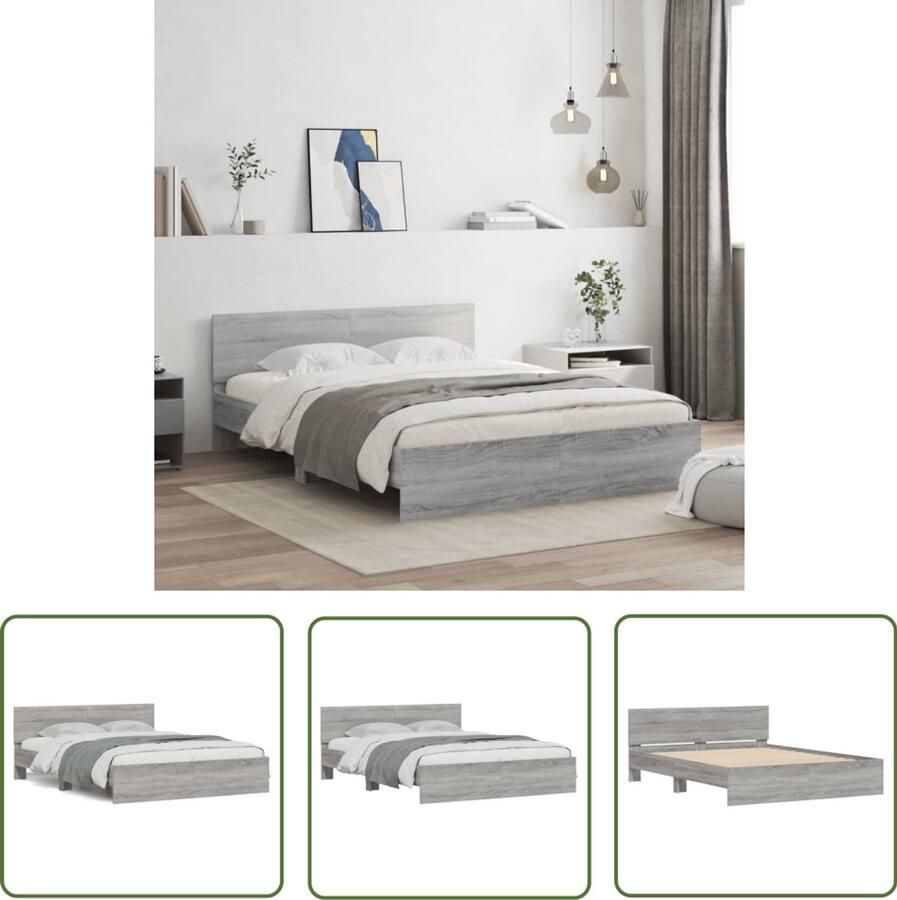 VidaXL Bedframe met hoofdeinde grijs sonoma eikenkleurig 140x200 cm Bedframe Slaapcomfort Houten Bed Design Bed Grijze Bed