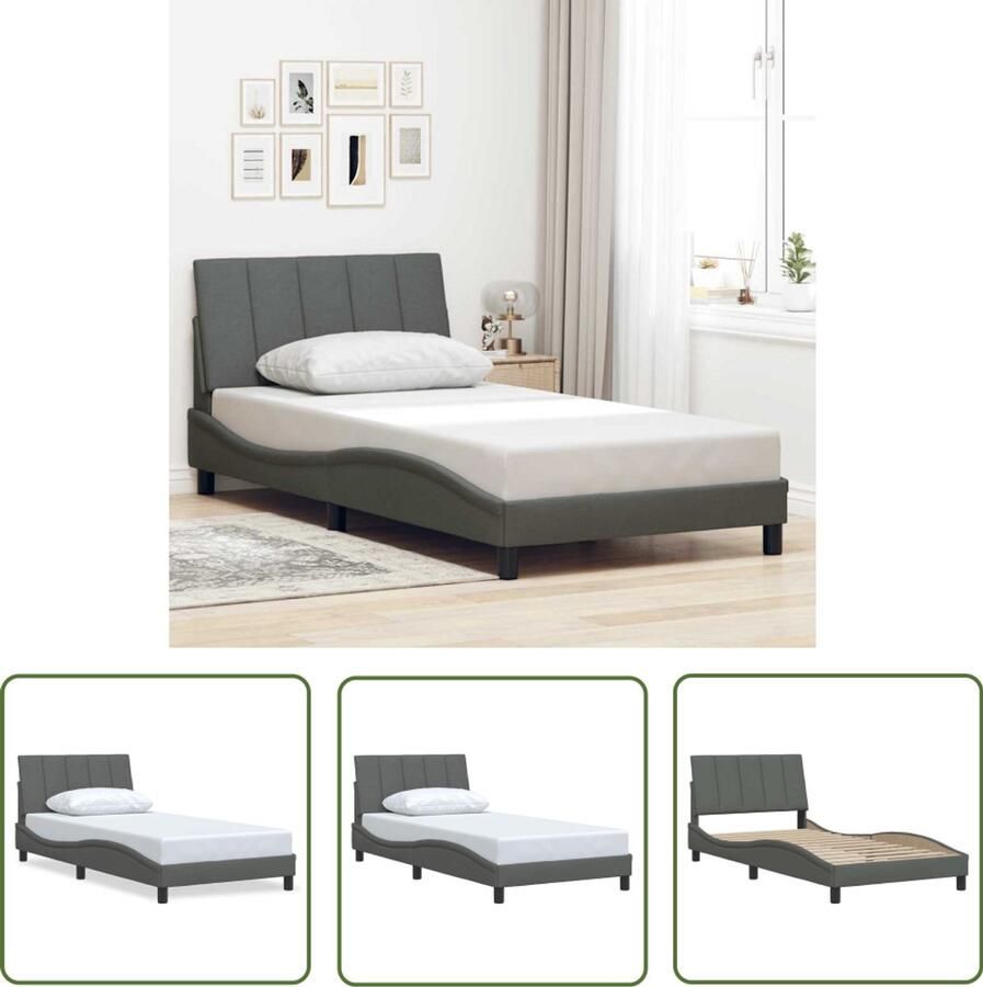 VidaXL Bedframe zonder matras Hanko 100x200 cm stof donkergrijs Bedframe Slaapcomfort Boxspring Tweepersoonsbed Donkere Kleuren