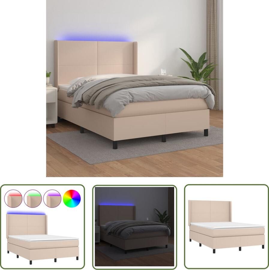 The Living Store Boxspring Bed 193x147x118 128 cm Kunstleer Pocketvering Matras LED Boxspring Bed Slaapcomfort Led Verlichting Kunstleder Pocketed Veren
