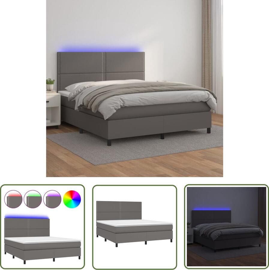 The Living Store Boxspring Bed 203 x 180 x 118 128 cm Grijs Kunstleer Pocketvering Matras Huidvriendelijk Topmatras LED-Verlichting Boxspring Bed Slaapcomfort Led Verlichting Kunstleder Groot Formaat