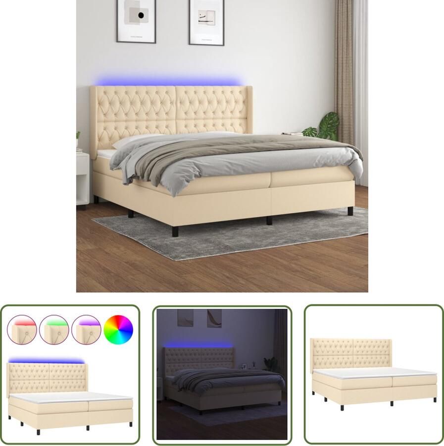 The Living Store Boxspring Bed Crème 203x203x118 128 cm Verstelbaar hoofdbord Kleurrijke LED-verlichting Pocketvering matras Huidvriendelijk topmatras Inclusief 2 matrassen en 2 LED-strips