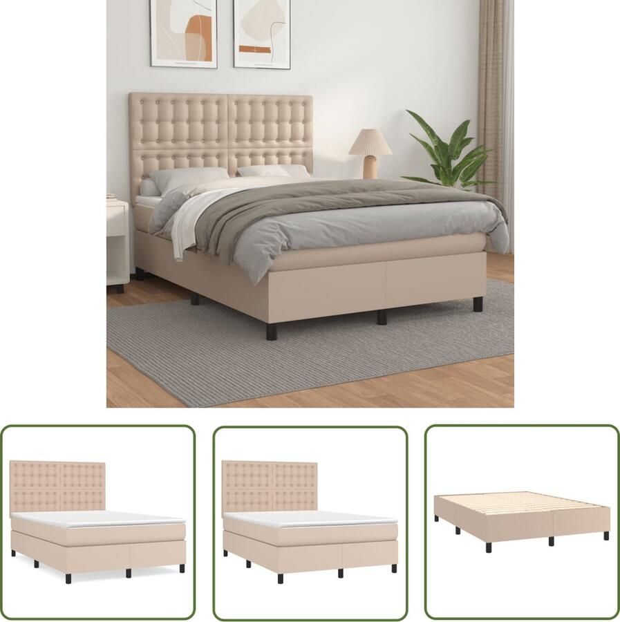 VidaXL Slaapcomfort Boxspring Bed Boxspring met matras kunstleer cappuccinokleurig 140x200 cm Kapstok Bruine Bank Lederlook
