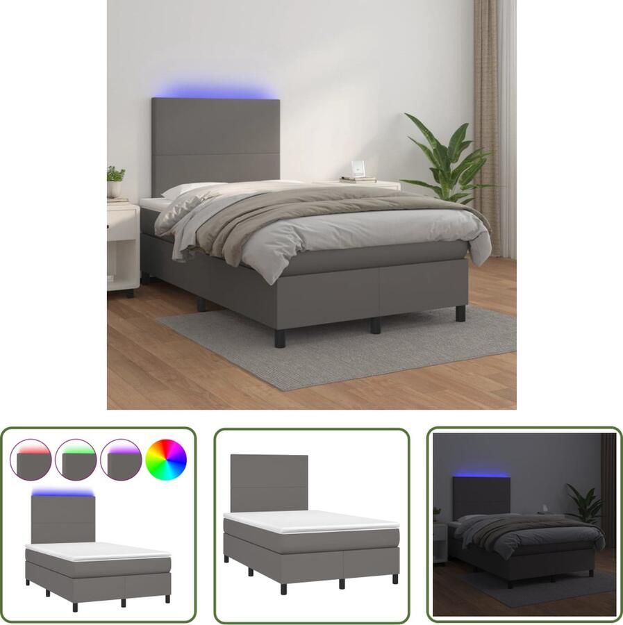 The Living Store Bedframe Grijs Kunstleer 203x120x118 128 cm Verstelbaar hoofdbord LED-verlichting Pocketvering matras Huidvriendelijk topmatras Inclusief montagehandleiding