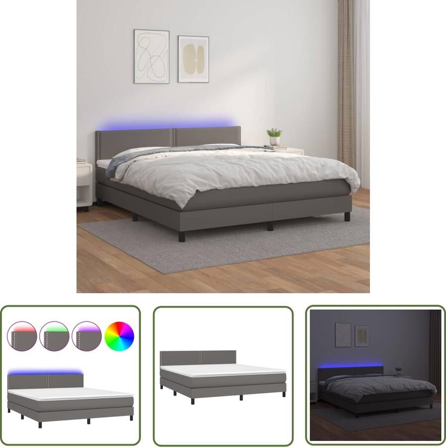 The Living Store Boxspring Bed Grijs 203x180x78 88 cm Kunstleer Verstelbaar hoofdbord Kleurrijke LED-verlichting Boxspring Bed Slaapcomfort Led Verlichting Kunstleder Groot Tweepersoonsbed