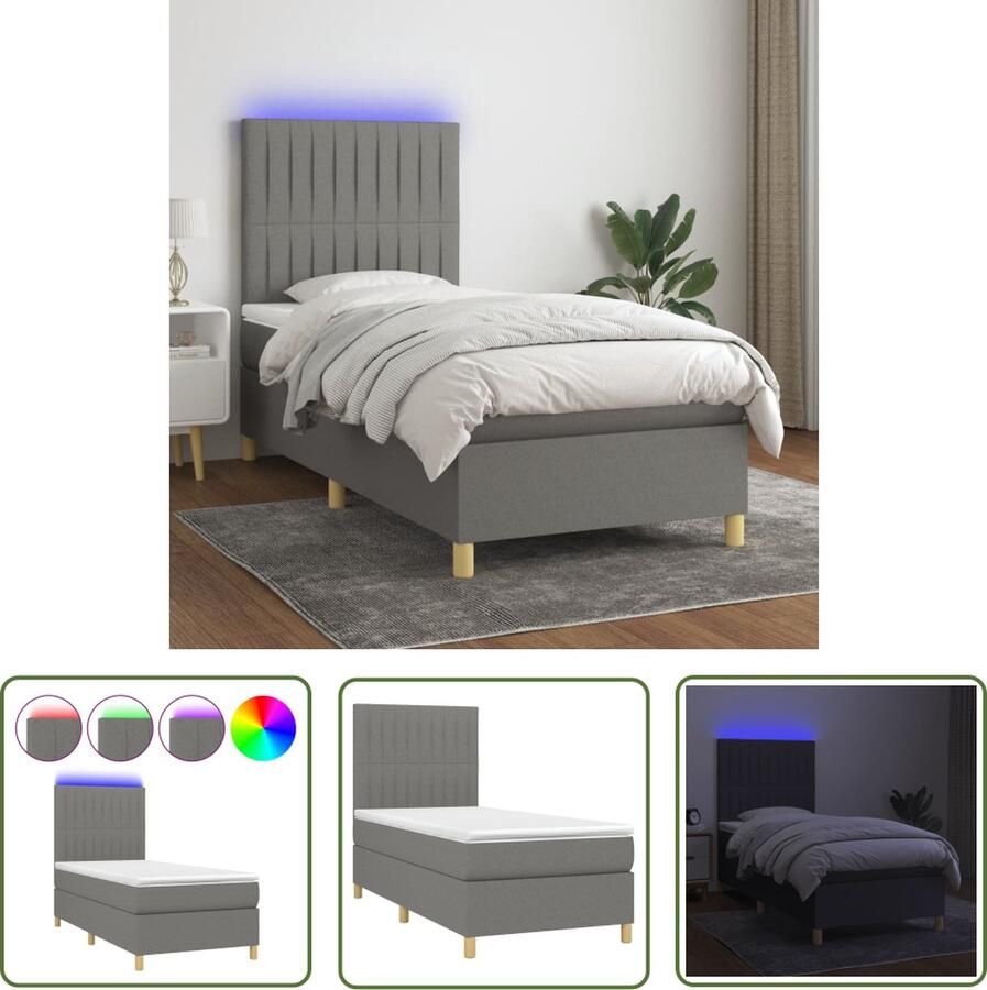 The Living Store Boxspring met matras en LED stof donkergrijs 80x200 cm Boxspring Slaapcomfort Led Lamp Grijs Bed Tweepersoonsbed