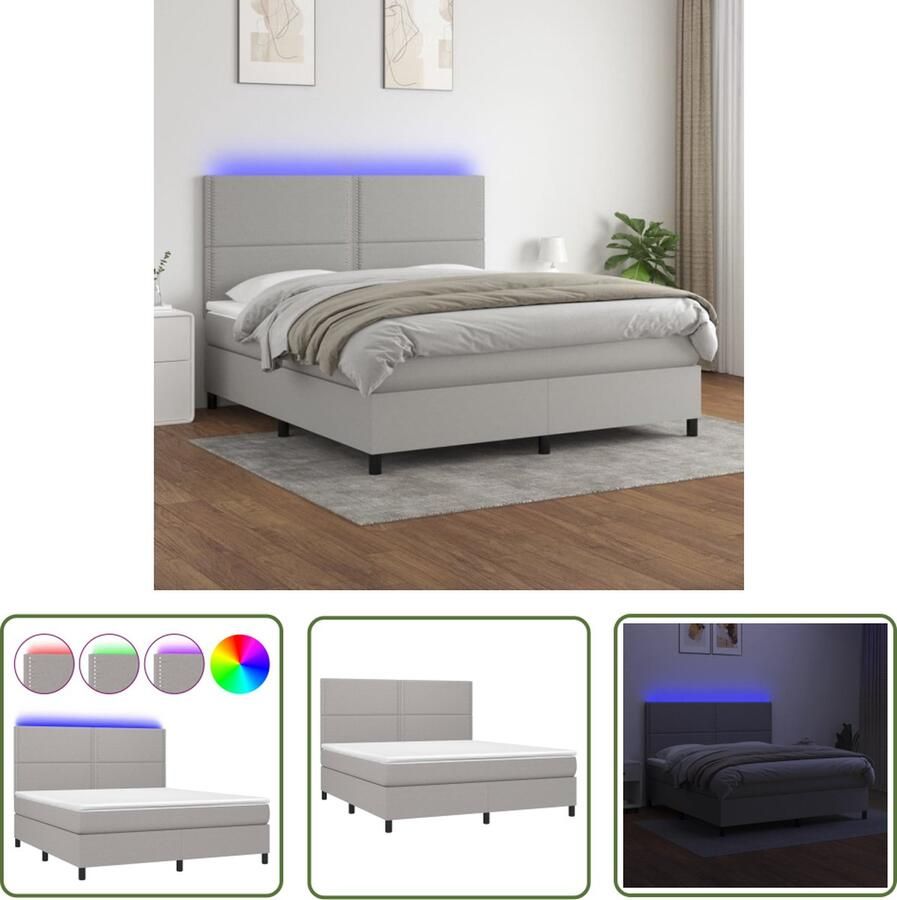 The Living Store Boxspring lichtgrijs 203 x 160 x 118 128 cm verstelbaar hoofdbord LED-verlichting pocketvering matras huidvriendelijk topmatras montagehandleiding inbegrepen