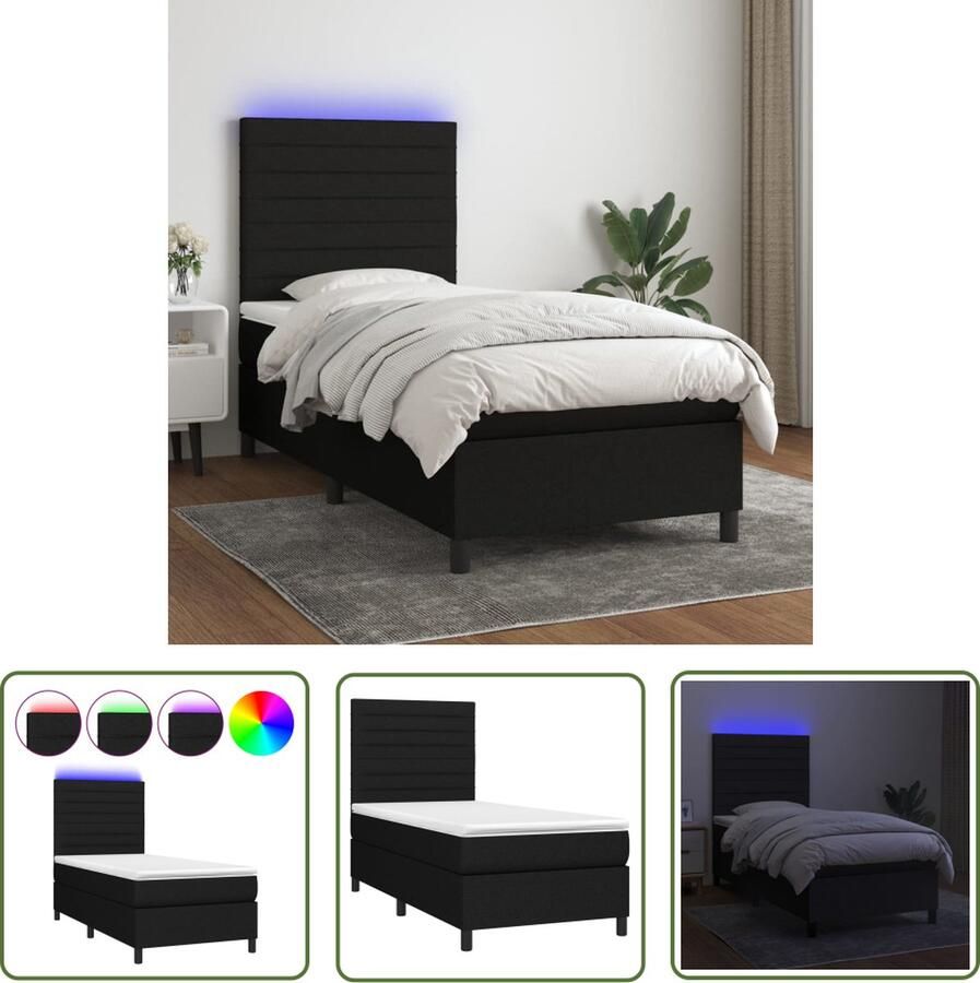 The Living Store Boxspring zwart 193 x 90 x 118 128 cm verstelbaar hoofdbord Boxspring Slaapcomfort Led Lampje Elektrisch Hoofdbord Zwarte Boxspring