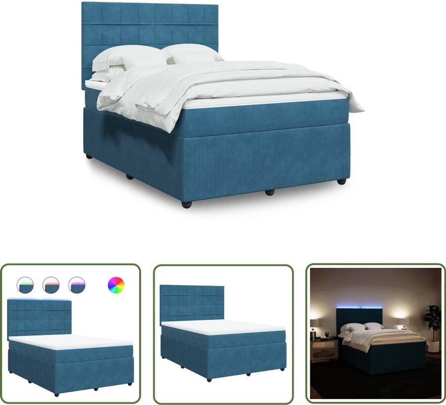 VidaXL Boxspring met matras fluweel blauw 140x200 cm Boxspring Slaapcomfort Fluweel Bed Led Verlichting Boxspring Kopen
