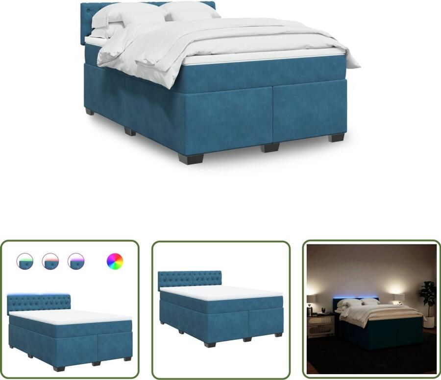 VidaXL Boxspring met matras fluweel blauw 140x200 cm Boxspring Slaapcomfort Fluweel Bed Led Verlichting Matras