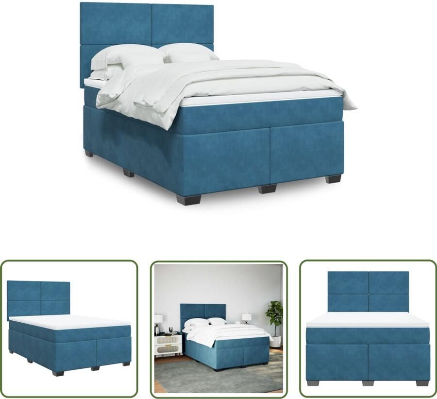VidaXL Boxspring met matras fluweel blauw 140x200 cm Boxspring Slaapcomfort Fluweel Bed Pocketveringmatras Hoofdbord