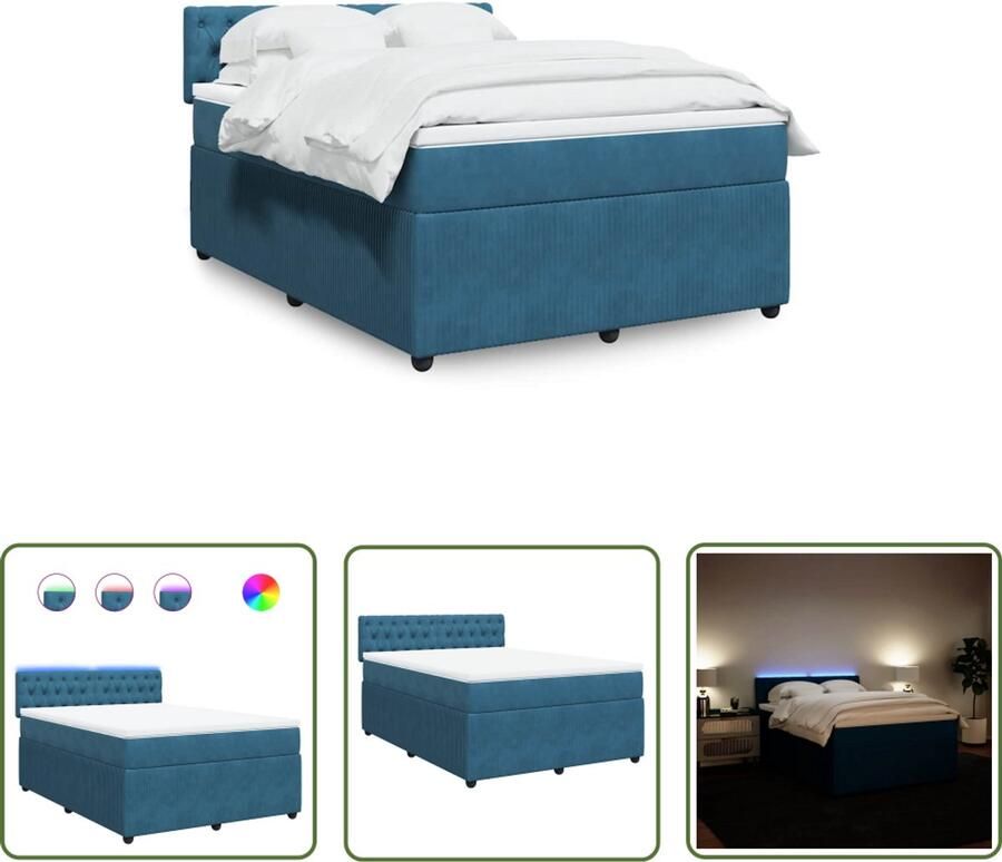 VidaXL Boxspring met matras fluweel blauw 140x200 cm Boxspring Slaapcomfort Fluweel Led Verlichting Pocketvering