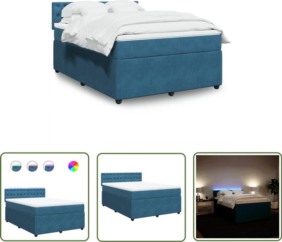 VidaXL Boxspring met matras fluweel blauw 140x200 cm Boxspring Slaapcomfort Matras Led Verlichting Fluweel
