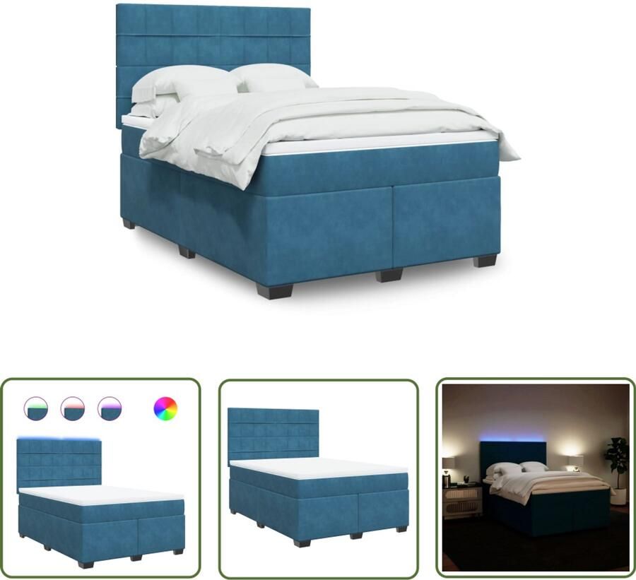 VidaXL Boxspring met matras fluweel blauw 140x200 cm Boxspring Slaapcomfort Pocketvering Led Verlichting Hoofdbord