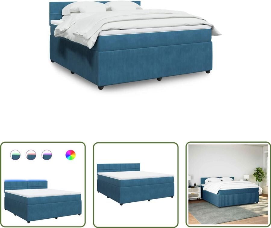 VidaXL Boxspring met matras fluweel blauw 180x200 cm Boxspring Slaapcomfort Matras Led Verlichting Fluweel
