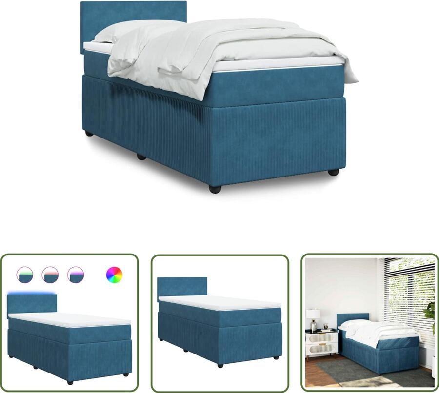VidaXL Boxspring met matras fluweel blauw 90x190 cm Boxspring Slaapcomfort Fluweel Pocketveringmatras Led Verlichting