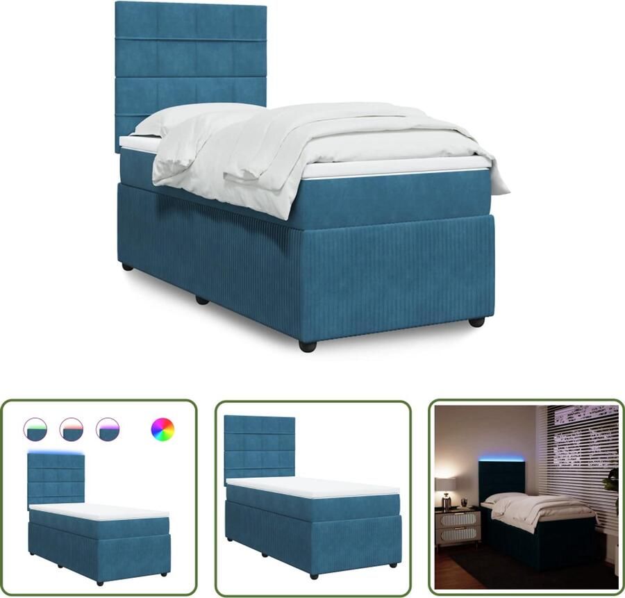 VidaXL Boxspring met matras fluweel blauw 90x200 cm Boxspring Slaapcomfort Fluweel Bed Led Verlichting Bed Pocketveringmatras