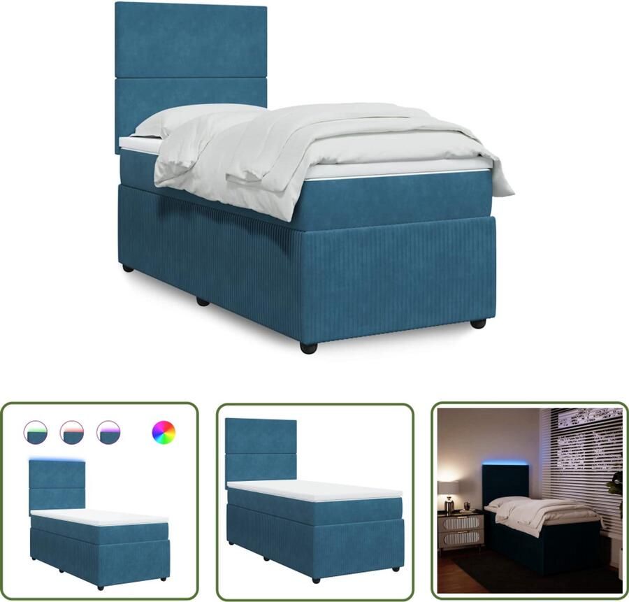 VidaXL Boxspring met matras fluweel blauw 90x200 cm Boxspring Slaapcomfort Pocketveringmatras Led Verlichting Hoofdbord