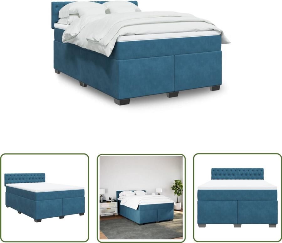 VidaXL Boxspring met matras fluweel donkerblauw 140x200 cm Boxspring Slaapcomfort Boxspringbed Matras Fluweel