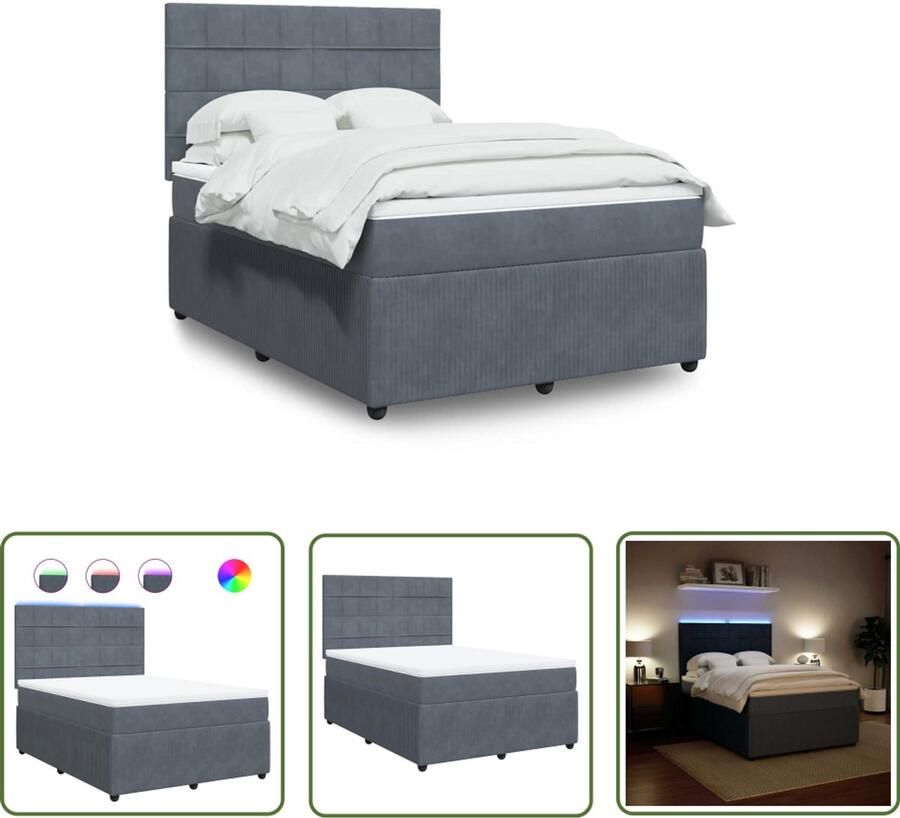 VidaXL Boxspring met matras fluweel donkergrijs 140x200 cm Boxspring Slaapcomfort Fluweel Bed Donkere Kleur Led Verlichting