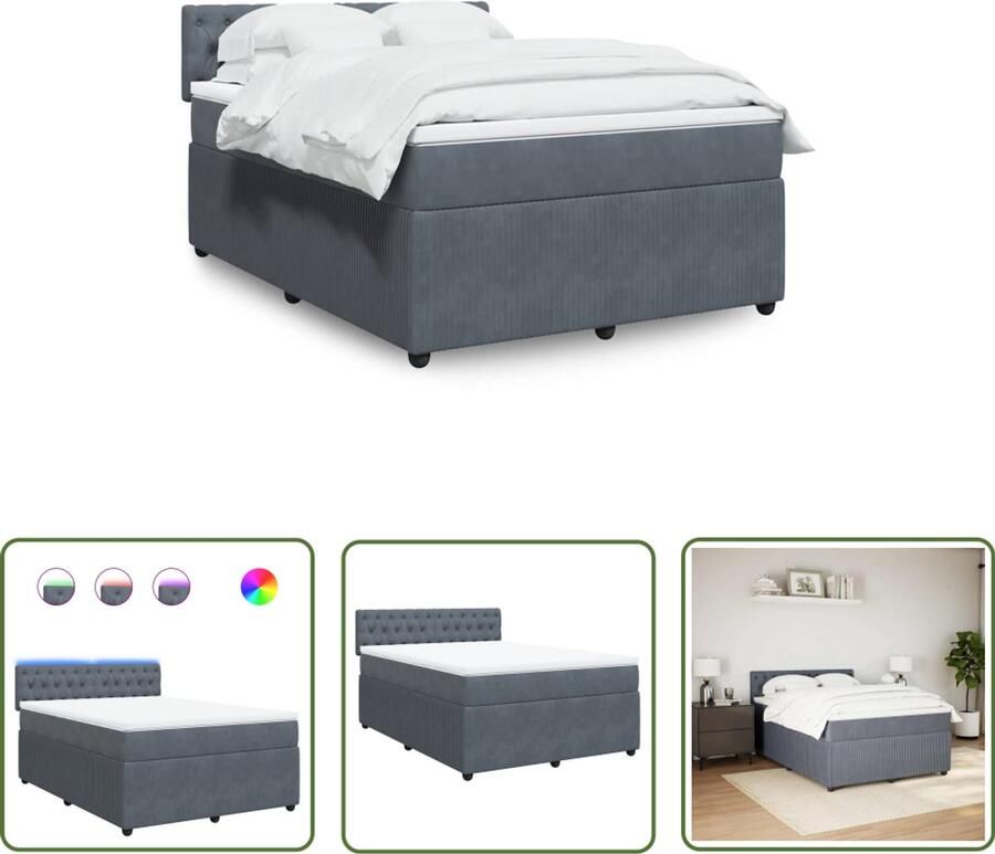 VidaXL Boxspring met matras fluweel donkergrijs 160x200 cm Boxspring Slaapcomfort Fluweel Led Verlichting Pocketveringmatras