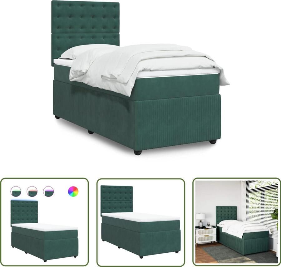 VidaXL Boxspring met matras fluweel donkergroen 100x200 cm Boxspring Slaapcomfort Fluweel Pocketveringmatras Led Verlichting