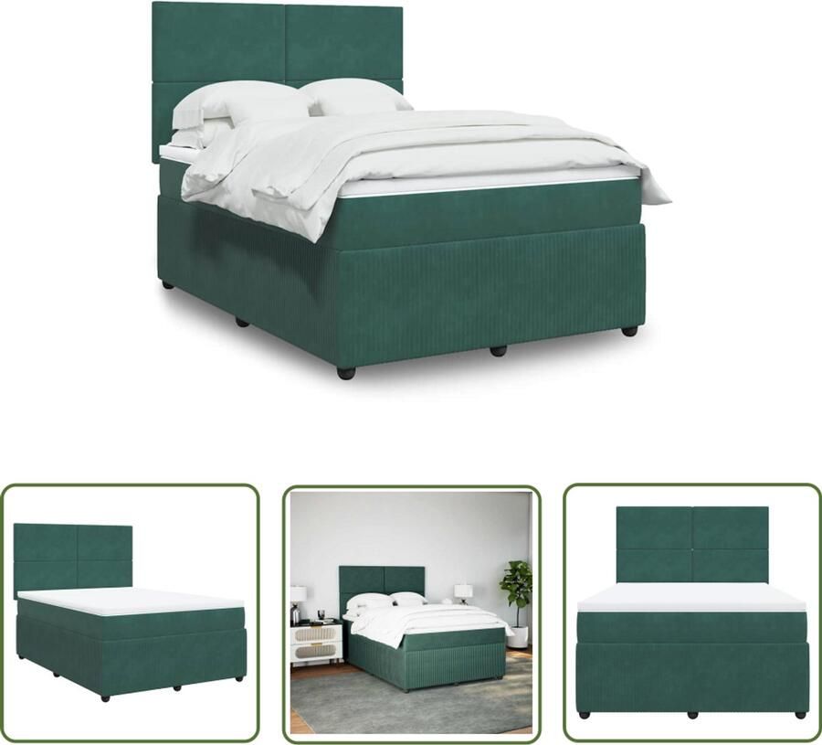 VidaXL Boxspring met matras fluweel donkergroen 140x190 cm Boxspring Slaapcomfort Fluweel Pocketvering Hoofdbord