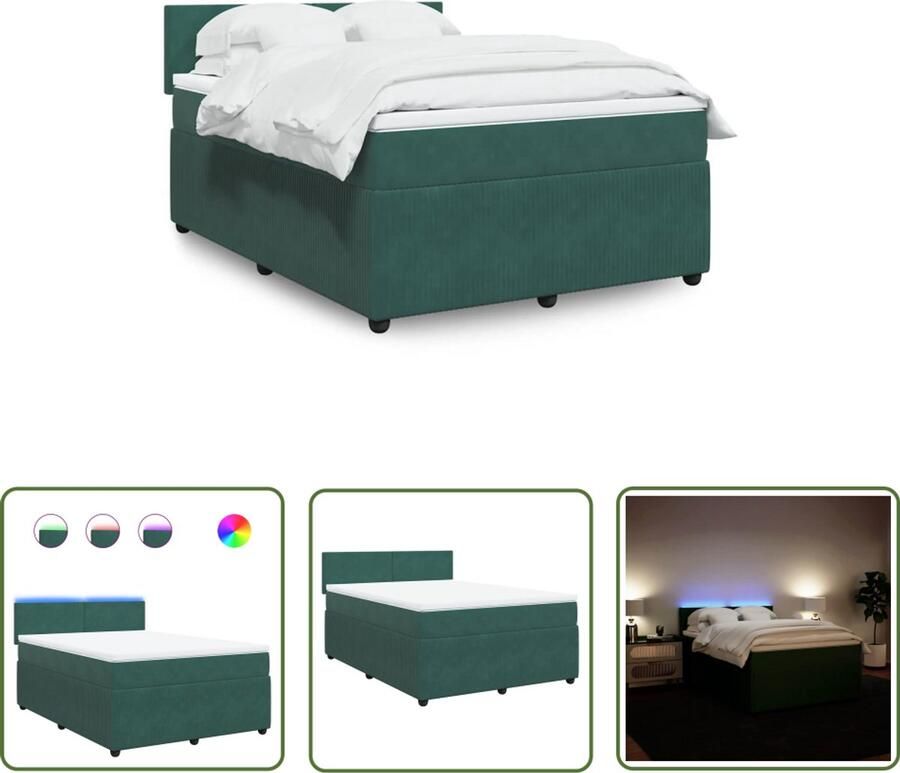 VidaXL Boxspring met matras fluweel donkergroen 140x200 cm Boxspring Slaapcomfort Fluweel Pocketvering Led Verlichting