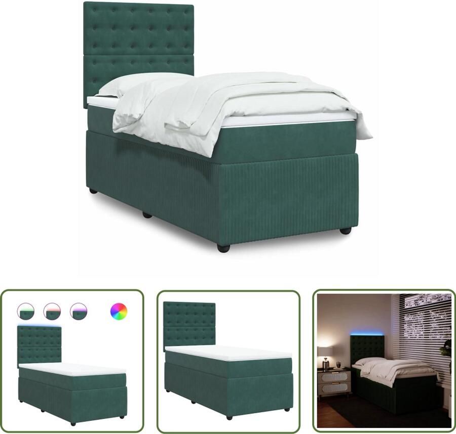 VidaXL Boxspring met matras fluweel donkergroen 90x200 cm Boxspring Slaapcomfort Fluweel Bed Dark Green Bed Led Lamp