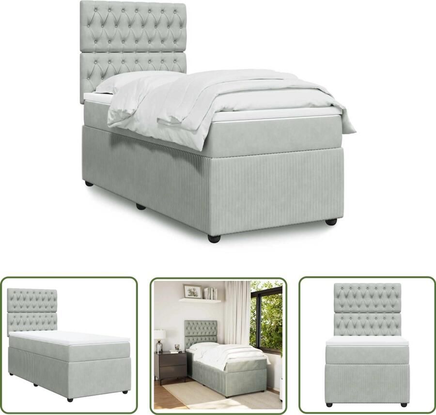 VidaXL Boxspring met matras fluweel lichtgrijs 100x200 cm Boxspring Slaapcomfort Fluweel Pocketvering Hoofdbord