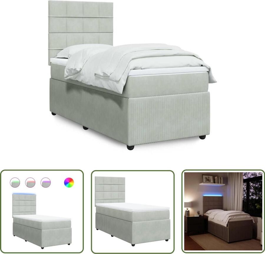 VidaXL Boxspring met matras fluweel lichtgrijs 100x200 cm Boxspring Slaapcomfort Pocketveringmatras Led Verlichting Hoofdbord