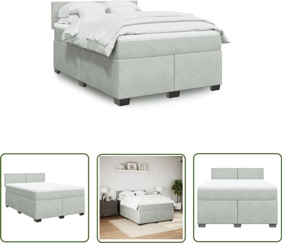 VidaXL Boxspring met matras fluweel lichtgrijs 140x190 cm Boxspring Slaapcomfort Fluweel Bed Grijs Bed Tweepersoonsbed