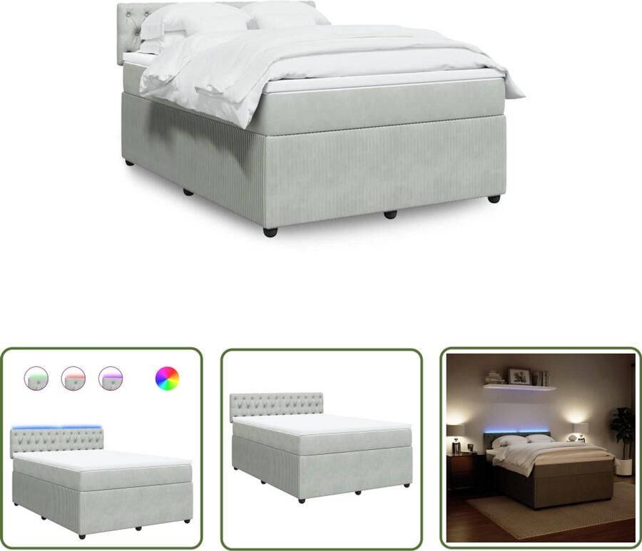 VidaXL Boxspring met matras fluweel lichtgrijs 140x190 cm Boxspring Slaapcomfort Fluweel Led Verlichting Pocketvering