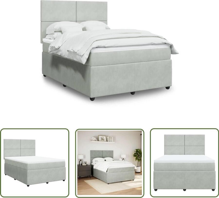 VidaXL Boxspring met matras fluweel lichtgrijs 140x190 cm Boxspring Slaapcomfort Pocketveringmatras Fluweel Hoofdbord