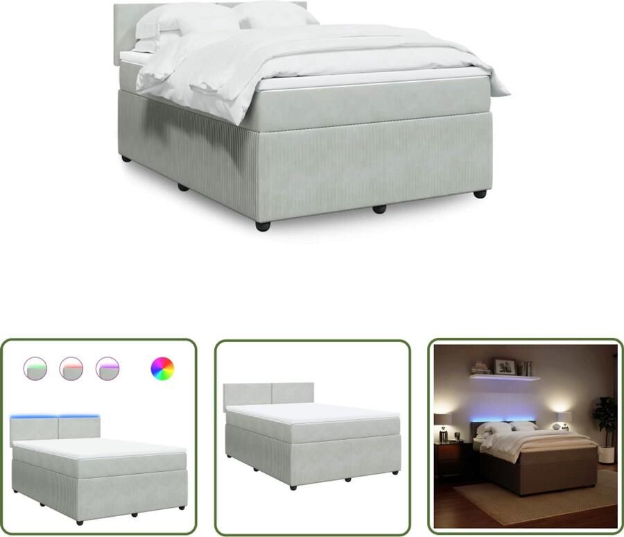 VidaXL Boxspring met matras fluweel lichtgrijs 140x200 cm Boxspring Slaapcomfort Led Verlichting Fluweel Matras