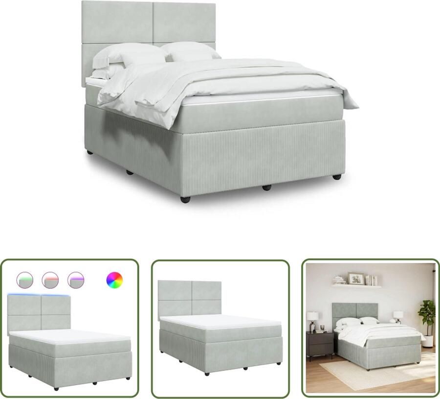 VidaXL Boxspring met matras fluweel lichtgrijs 160x200 cm Boxspring Slaapcomfort Fluweel Mattress Led Verlichting