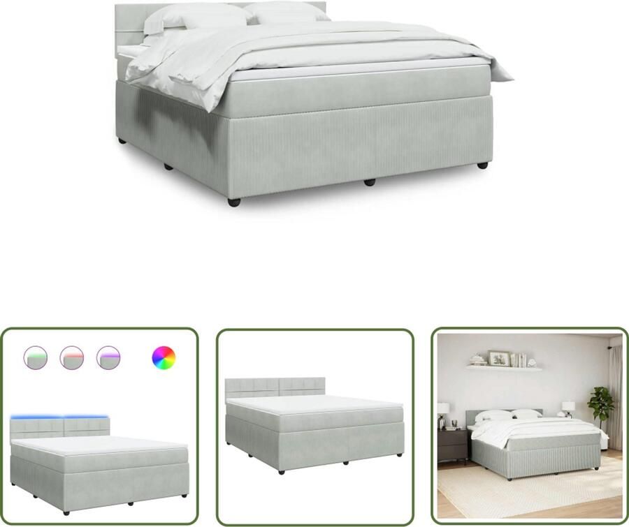 VidaXL Boxspring met matras fluweel lichtgrijs 180x200 cm Boxspring Slaapcomfort Led Verlichting Fluweel Pocketvering