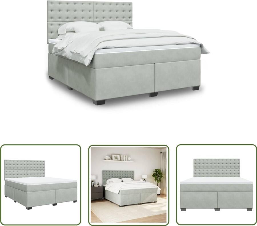 VidaXL Boxspring met matras fluweel lichtgrijs 180x200 cm Boxspring Slaapcomfort Pocketveringmatras Fluweel Hoofdbord