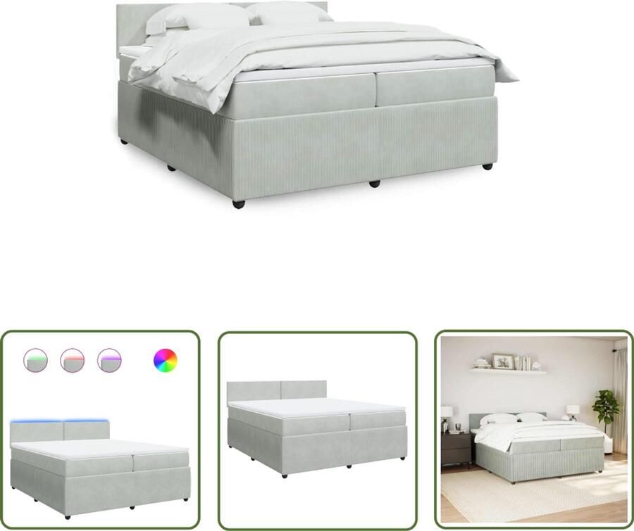 VidaXL Boxspring met matras fluweel lichtgrijs 200x200 cm Boxspring Slaapcomfort Fluweel Bed Led Lamp Matras