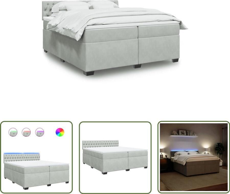 VidaXL Boxspring met matras fluweel lichtgrijs 200x200 cm Boxspring Slaapcomfort Fluweel Bed Led Verlichting Boxspring Frame