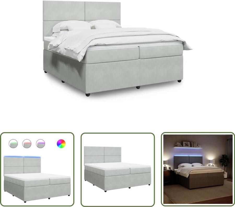 VidaXL Boxspring met matras fluweel lichtgrijs 200x200 cm Boxspring Slaapcomfort Fluweel Led Verlichting Matras