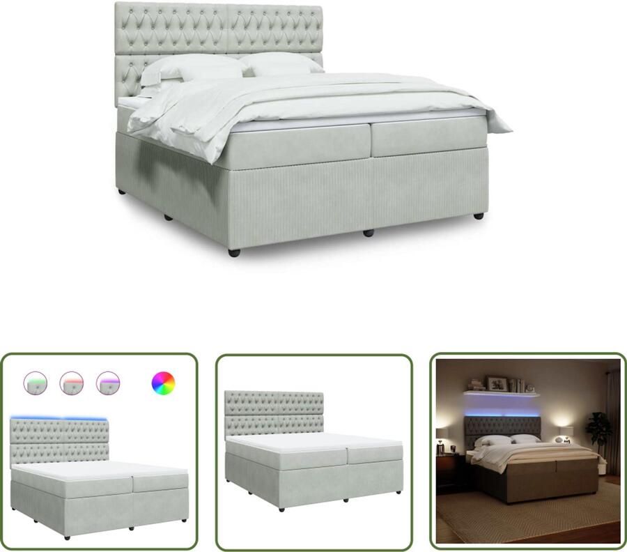 VidaXL Boxspring met matras fluweel lichtgrijs 200x200 cm Boxspring Slaapcomfort Fluweel Pocketveringmatras Led Verlichting