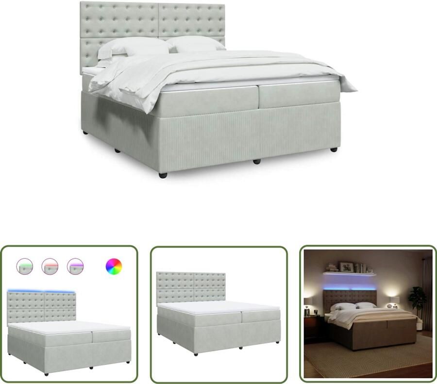VidaXL Boxspring met matras fluweel lichtgrijs 200x200 cm Boxspring Slaapcomfort Pocketvering Led Verlichting Hoofdbord