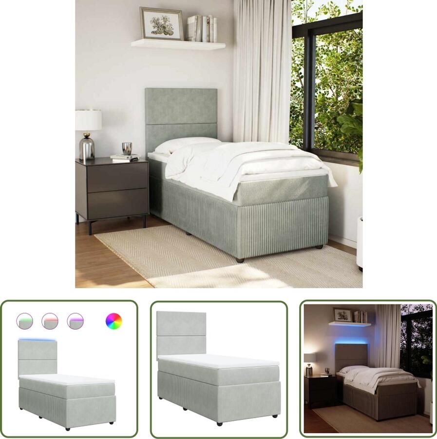 VidaXL Boxspring met matras fluweel lichtgrijs 90x190 cm Boxspring Slaapcomfort Fluweel Pocketvering Led Verlichting
