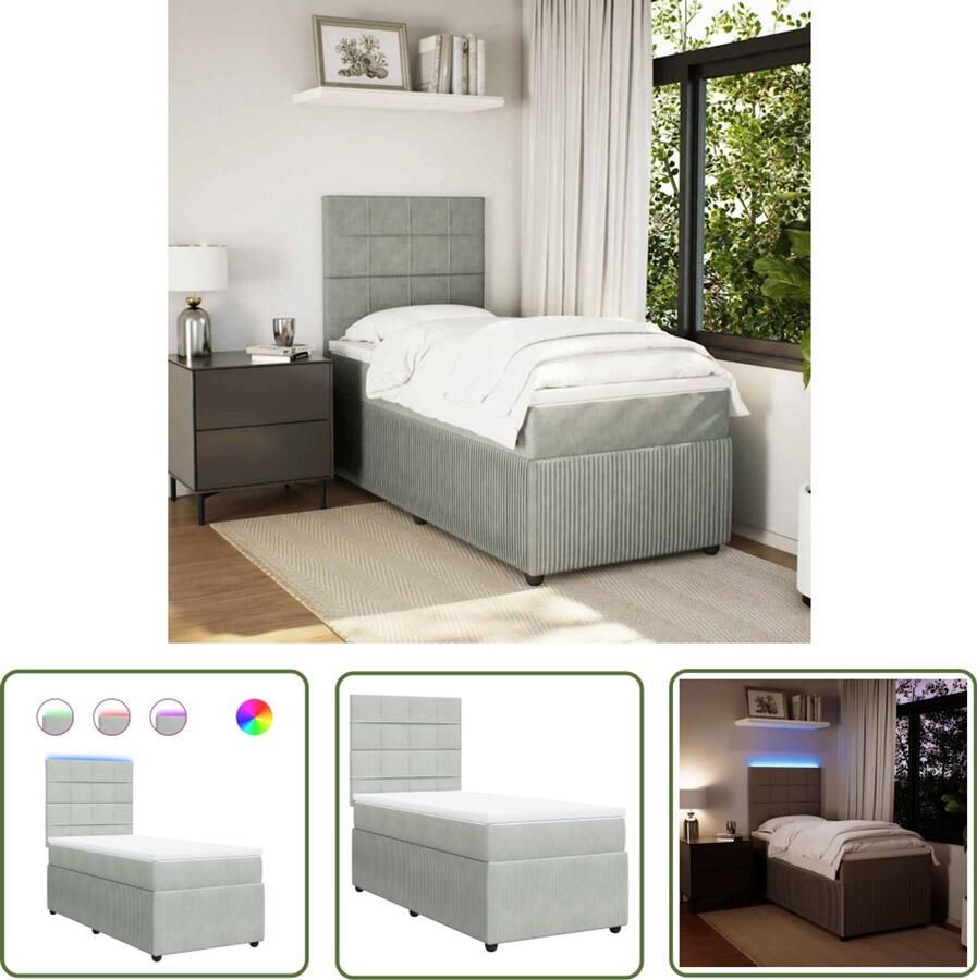 VidaXL Boxspring met matras fluweel lichtgrijs 90x190 cm Boxspring Slaapcomfort Fluweel Pocketveringmatras Led Verlichting