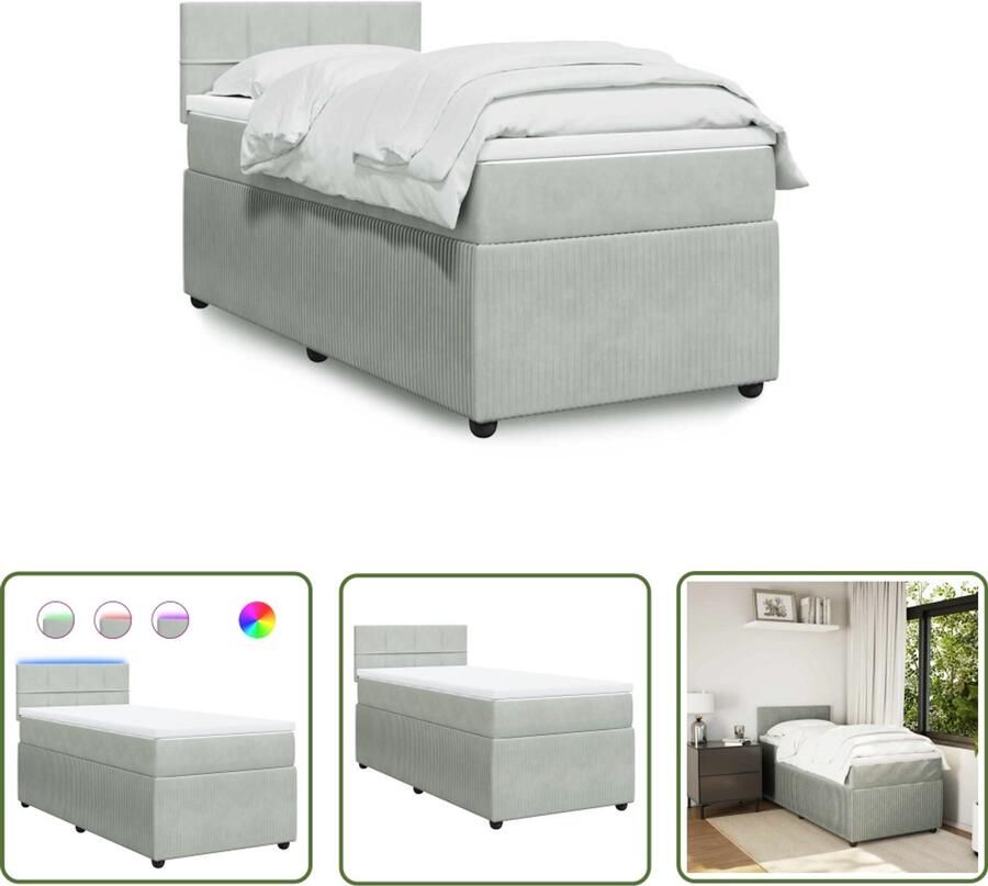 VidaXL Boxspring met matras fluweel lichtgrijs 90x200 cm Boxspring Slaapcomfort Fluweel Bed Led Lamp Matras