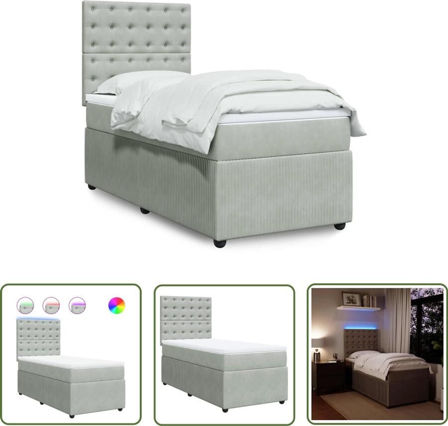 VidaXL Boxspring met matras fluweel lichtgrijs 90x200 cm Boxspring Slaapcomfort Fluweel Matras Led Verlichting