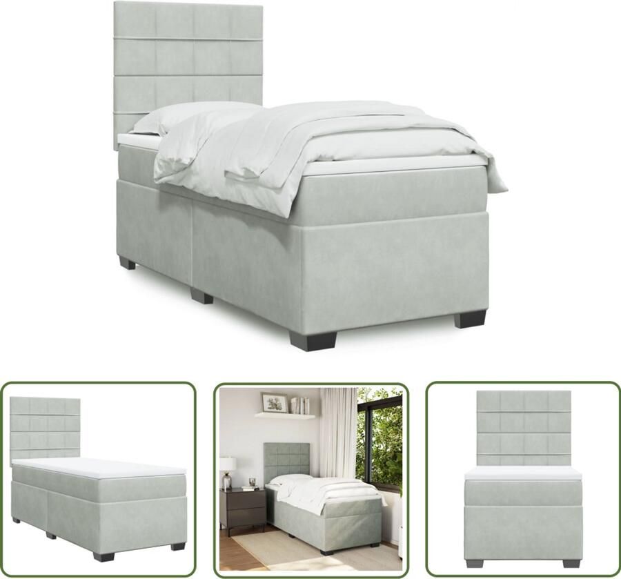 VidaXL Boxspring met matras fluweel lichtgrijs 90x200 cm Boxspring Slaapcomfort Fluweel Pocketvering Hoofdbord