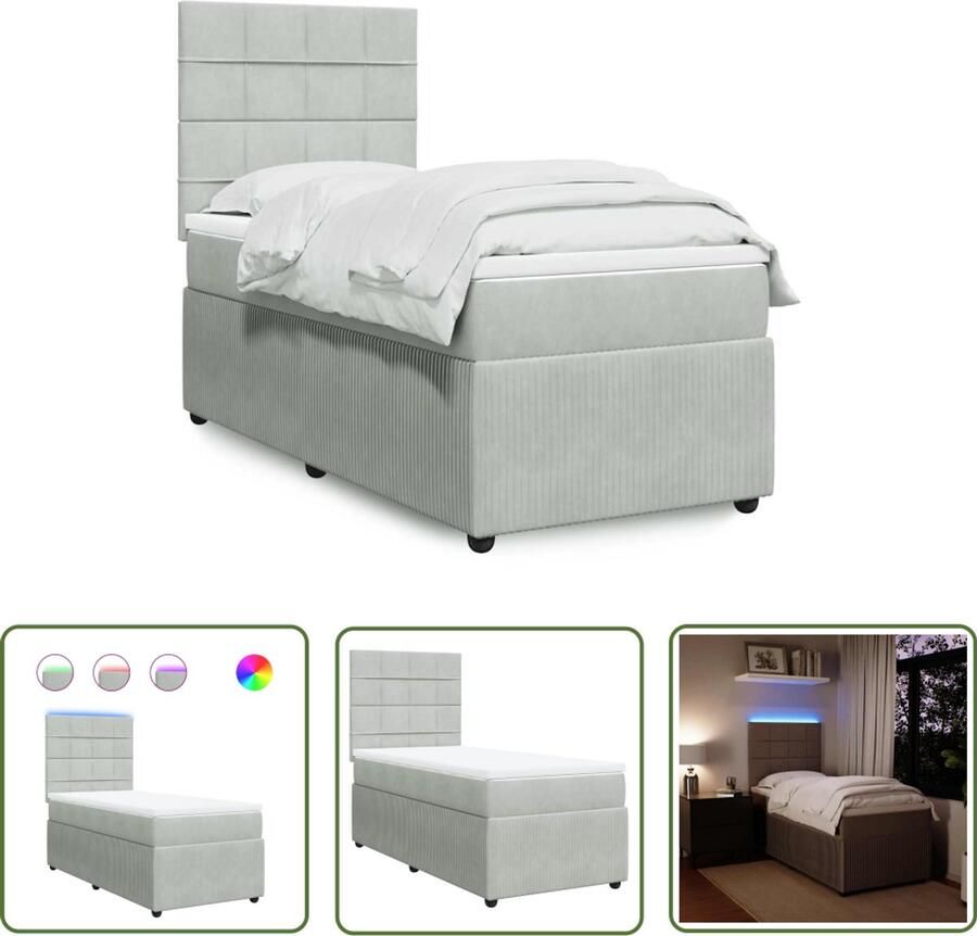 VidaXL Boxspring met matras fluweel lichtgrijs 90x200 cm Boxspring Slaapcomfort Fluweel Pocketvering Led Verlichting