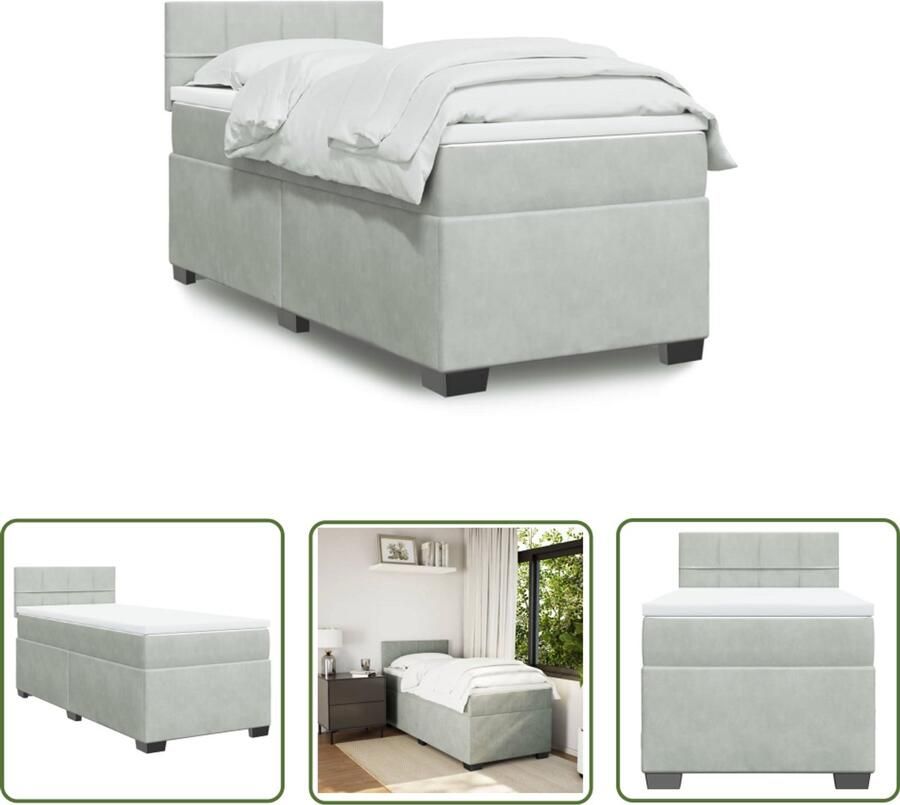 VidaXL Boxspring met matras fluweel lichtgrijs 90x200 cm Boxspring Slaapcomfort Fluweel Pocketveringmatras Mattress Topper